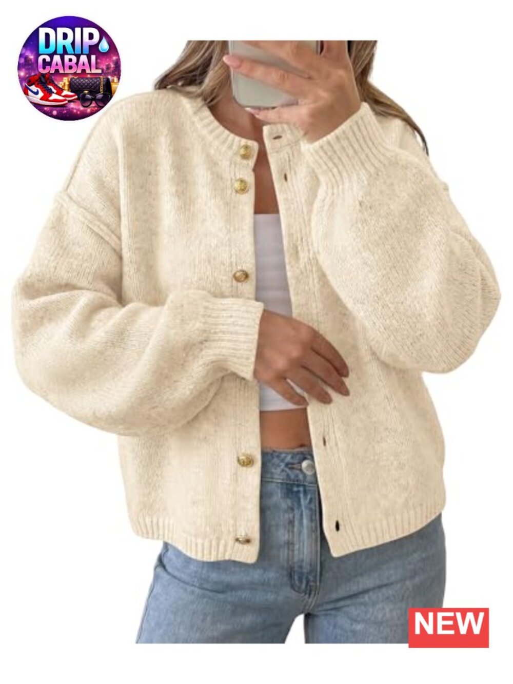 Chunky Knit Button Up Cardigan Long Lantern Sleeve Women's
